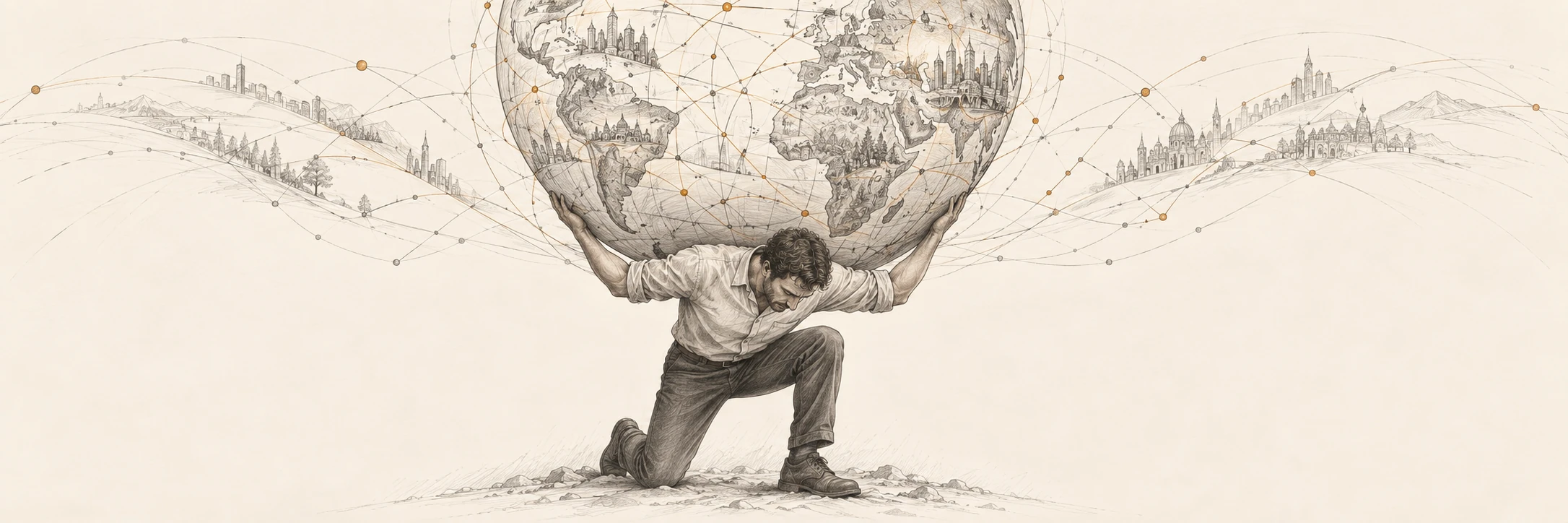 A man in a shirt and trousers holds the globe on his shoulders like Atlas.