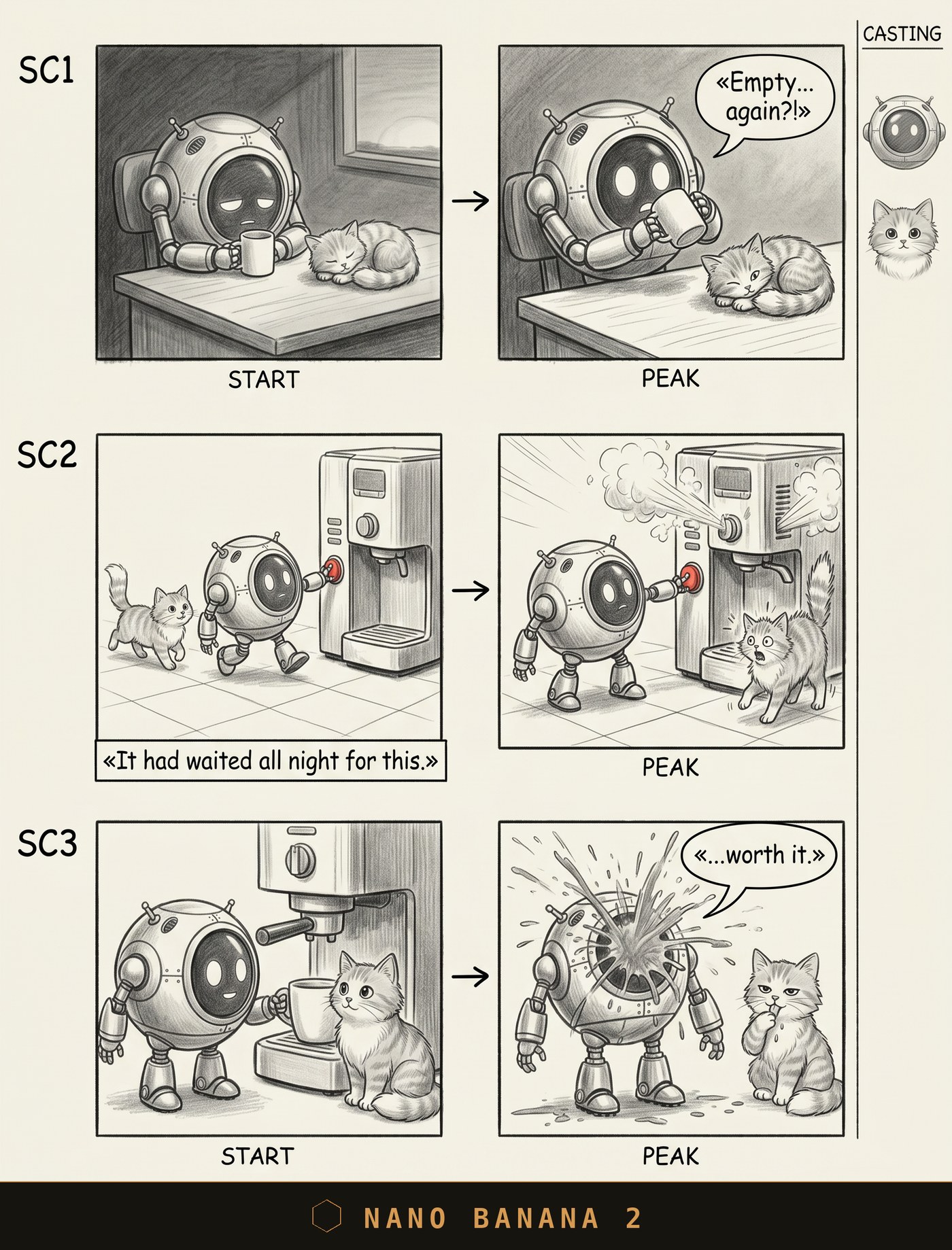 With-cast, Nano Banana 2: both characters stable, casting in place, exact text