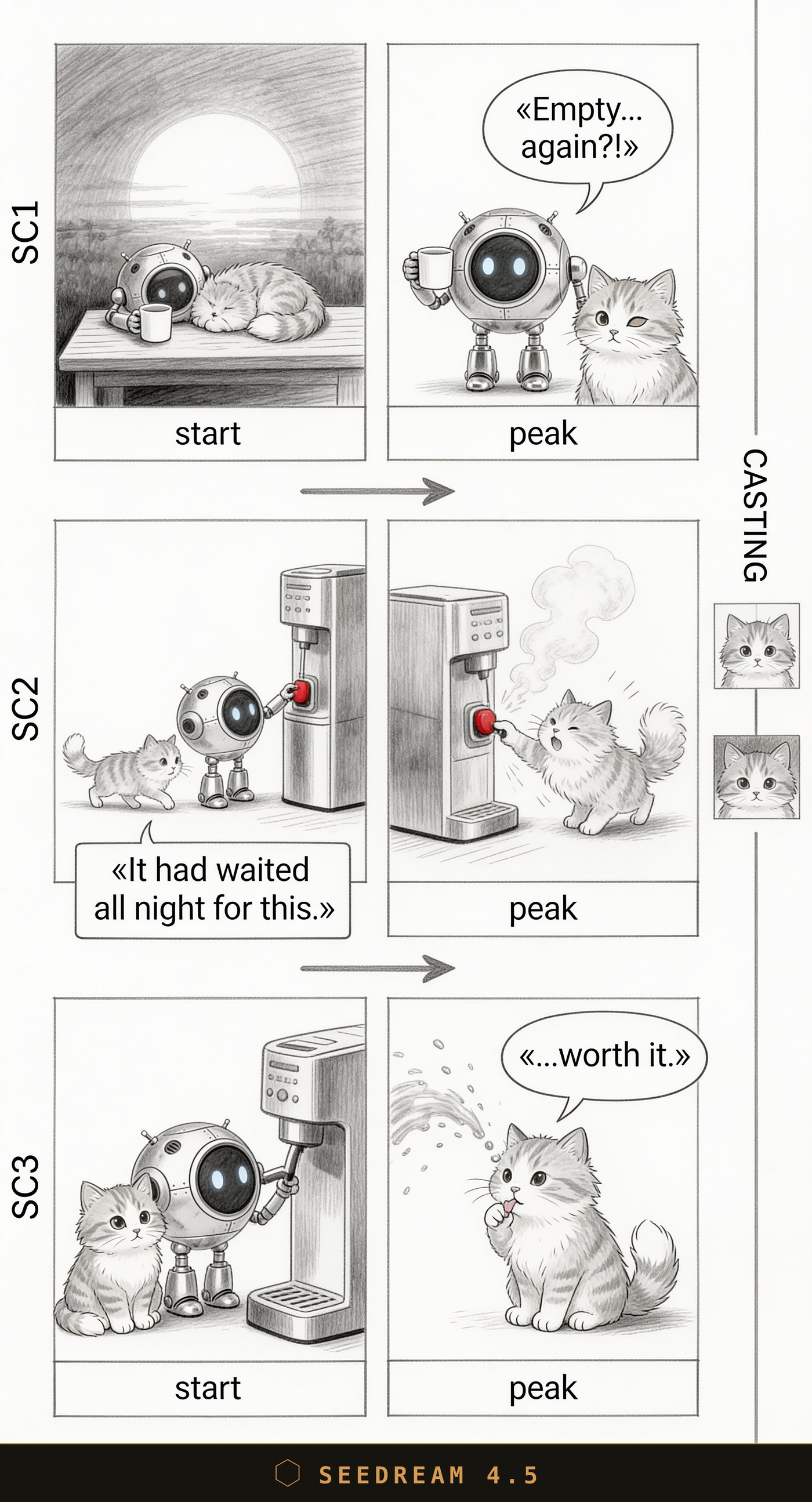 With-cast, Seedream 4.5: at the payoff the robot vanished, its line went to the cat