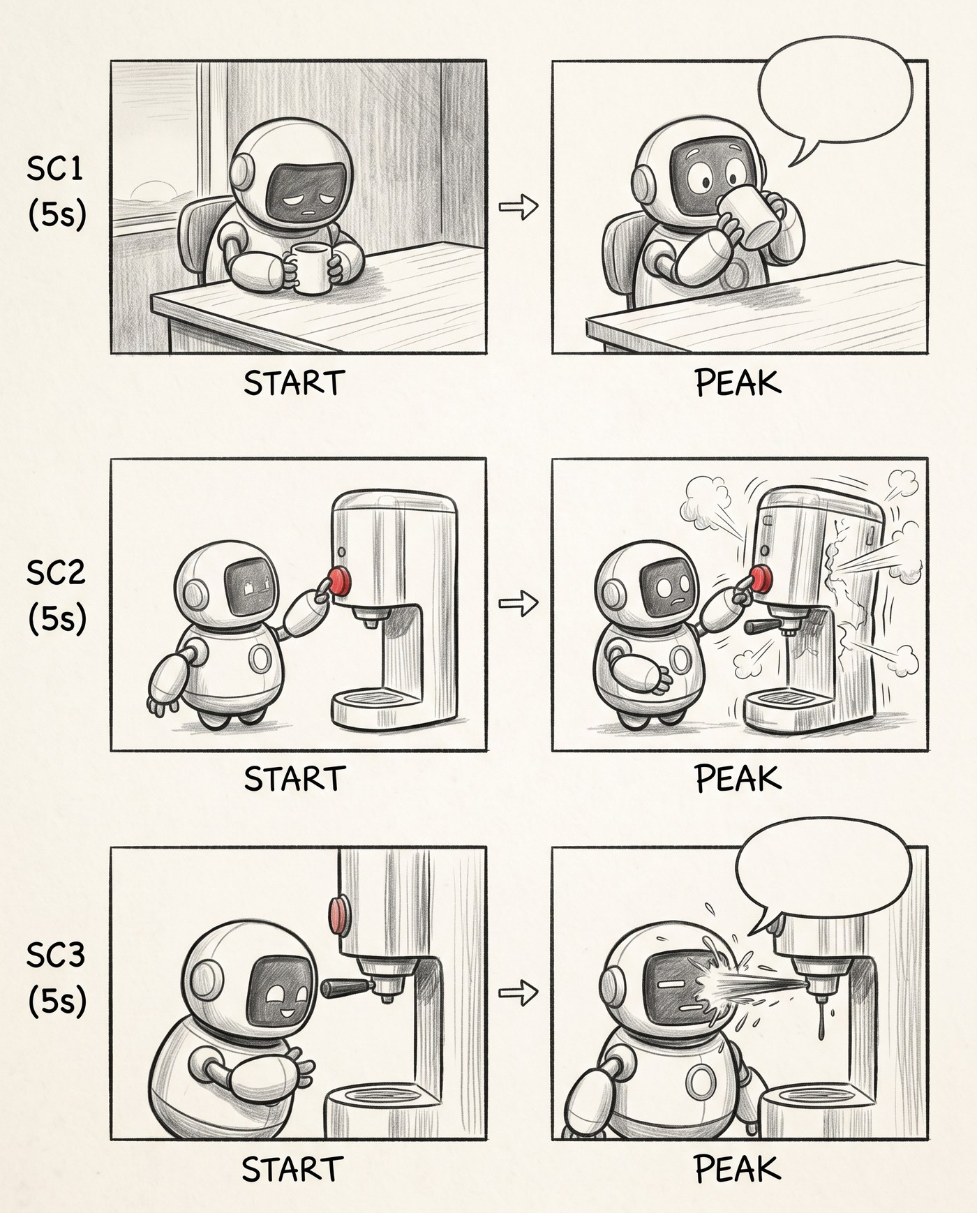 Stage 2: two frames START→PEAK with an arrow, empty balloons