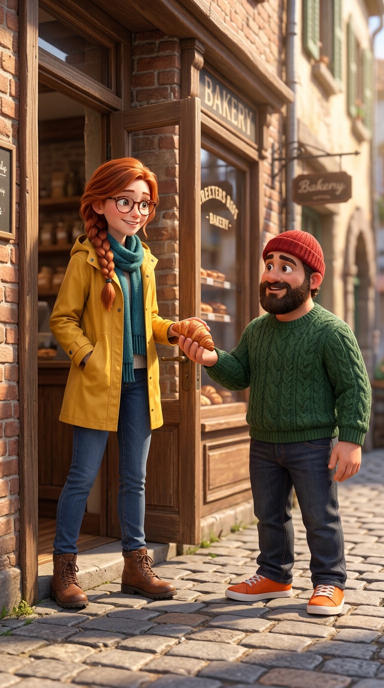 Mira i Bo przed piekarnią z napisami BAKERY na szyldach